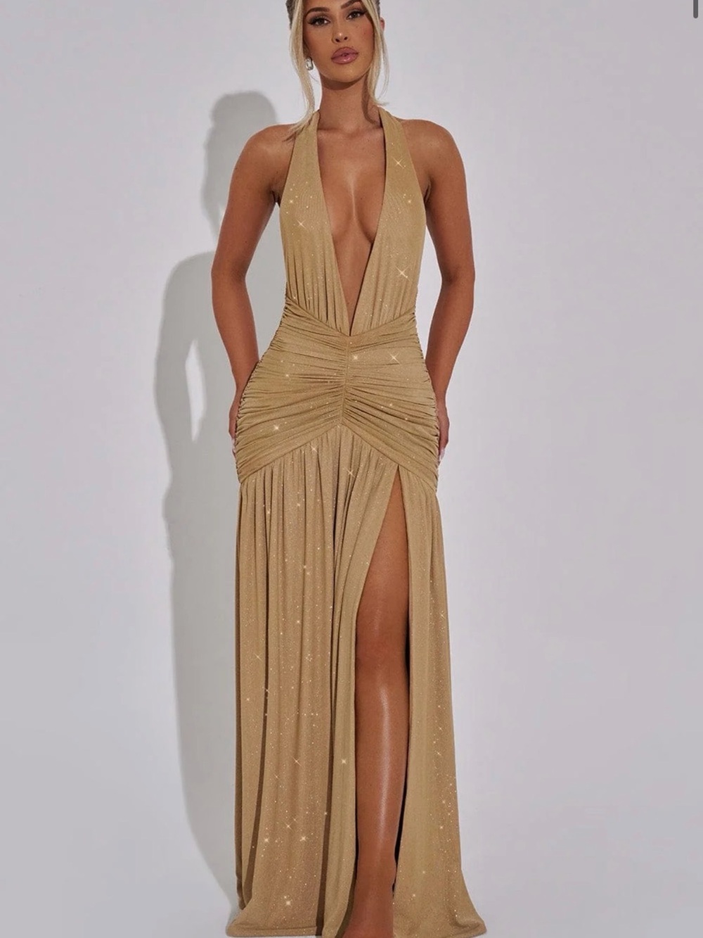 Gold Plunge Halter Evening Gown